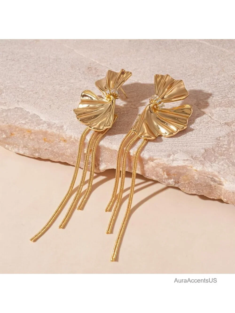 Ginkgo Biloba Leaf Tassel Dangle Earrings Boho Chunky Metal Drop Floral Jewelry